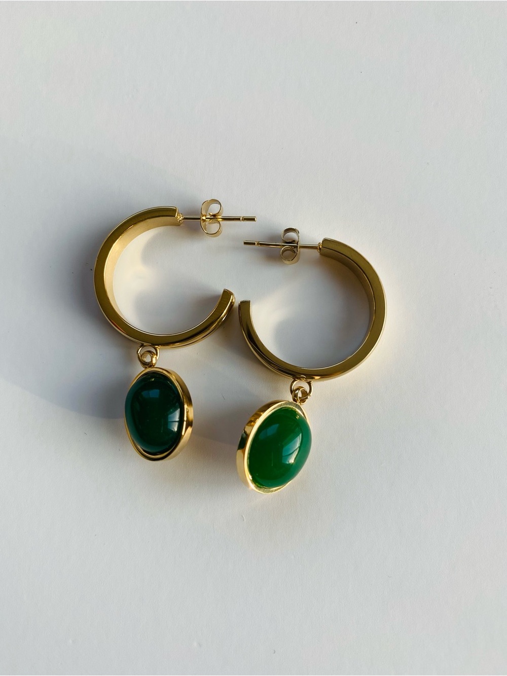 Gold Hoop Earrings with Green Stone Drop